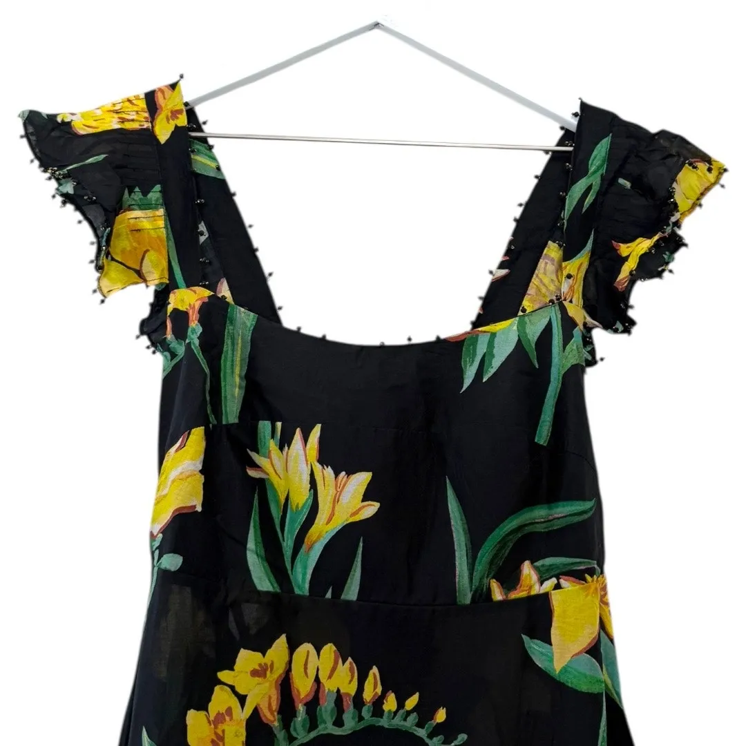 Farm Rio Alice Flowers Black Maxi Dress Yellow Floral Flutter Sleeve Size S - Image 5