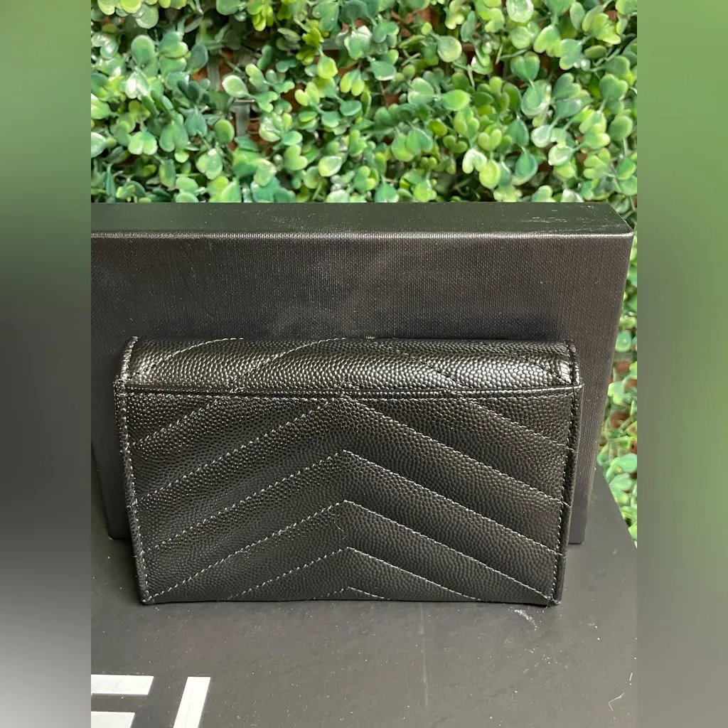 Saint Laurent - YSL Monogram Small Flap Wallet - Grained Leather - Black W/ Gold - Image 8