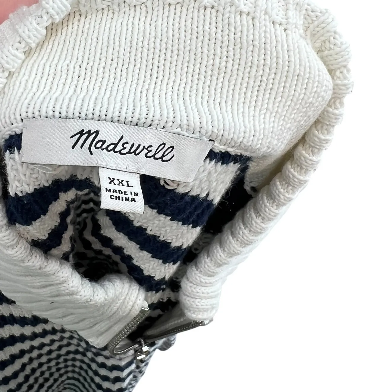 Madewell Ribbed Half-Zip Sweater in Stripe‎ Ivory White Navy Blue Size XXL - Image 12