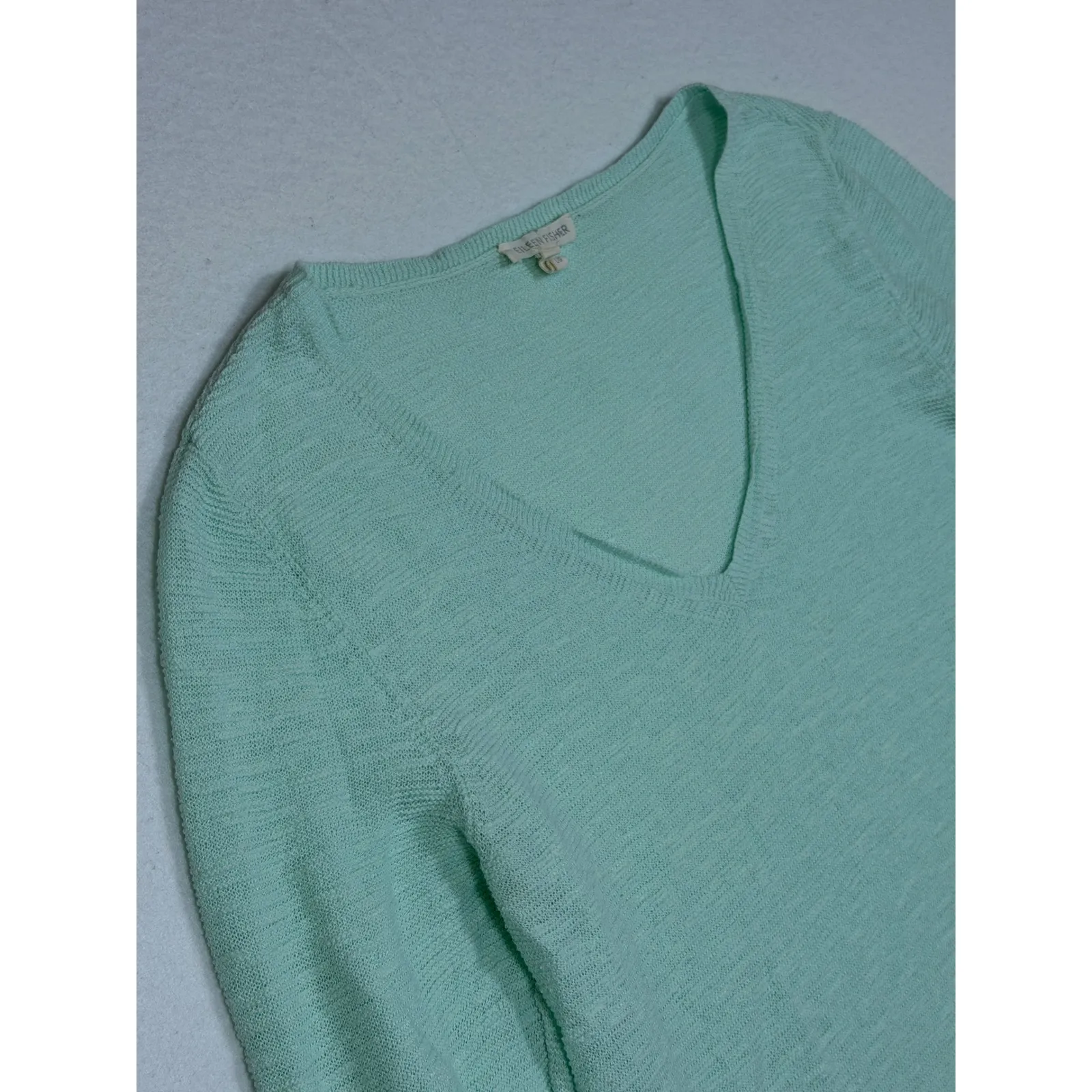Eileen Fisher V Neck Lightweight Knit Sweater Mint Green LG Organic Linen Cotton - Image 3