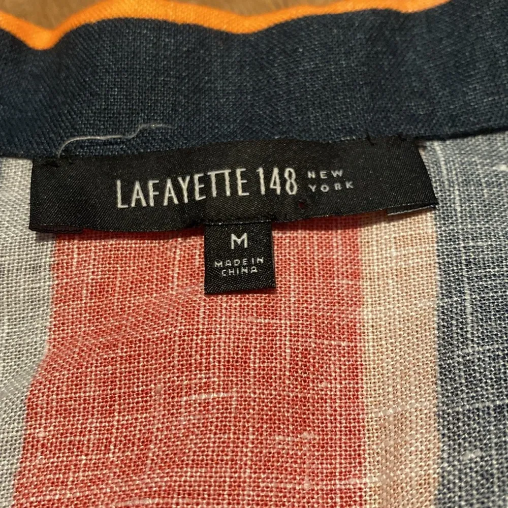 Lafayette 148 New York Linen Blouse Shirt Button Up Stripe Red Orange Cream M Size M - Image 2