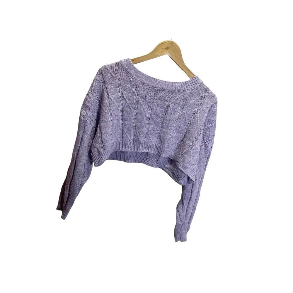 SHEIN Women's Cropped Round Neck Long Sleeve Knit Sweater M Purple Cable Knit - Image 3