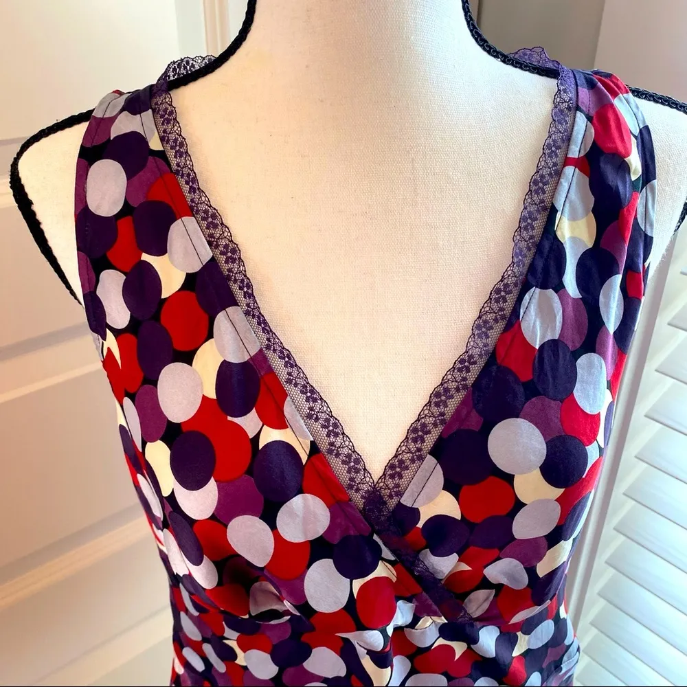 Kenneth Cole|| Multi color polka dot print silk blouse with lace trim/back slit - Image 2