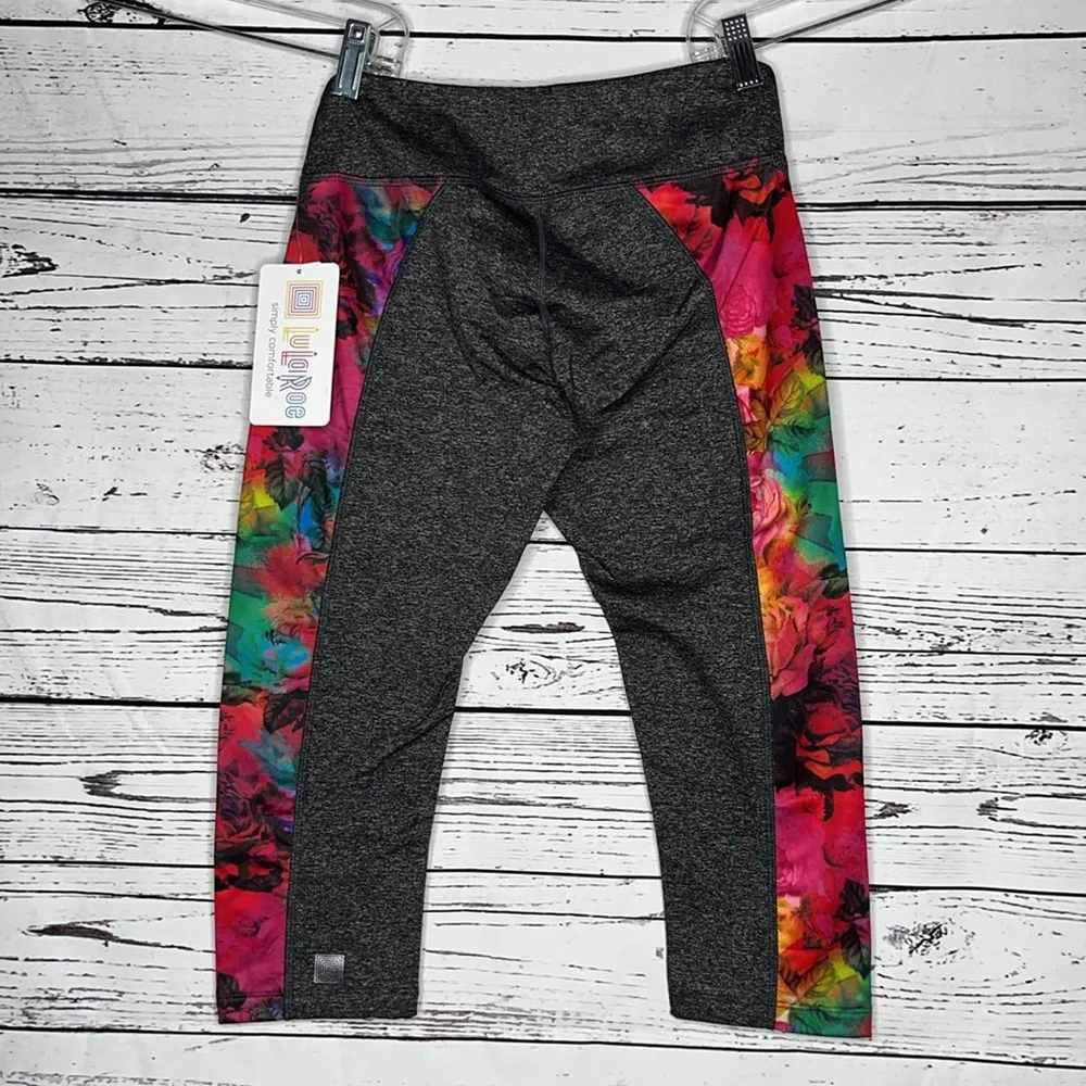 LuLaRoe NWT XS Black Space Dye - Floral Side Stripe Jade Athletic Capri Leggings - Image 3