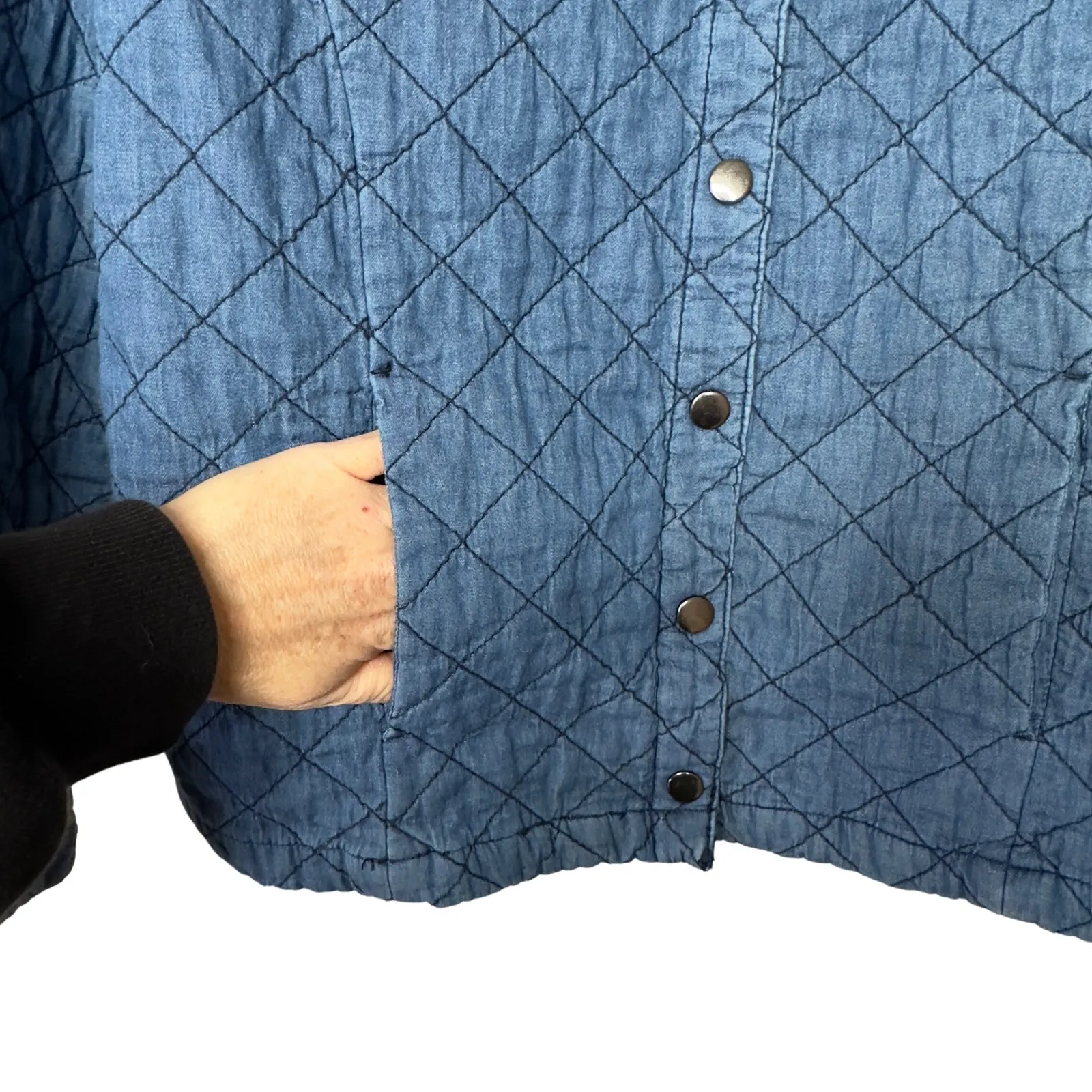 Quilted Denim Jacket Blue Button Front Long Sleeve Tanzara Size L Size L - Image 5