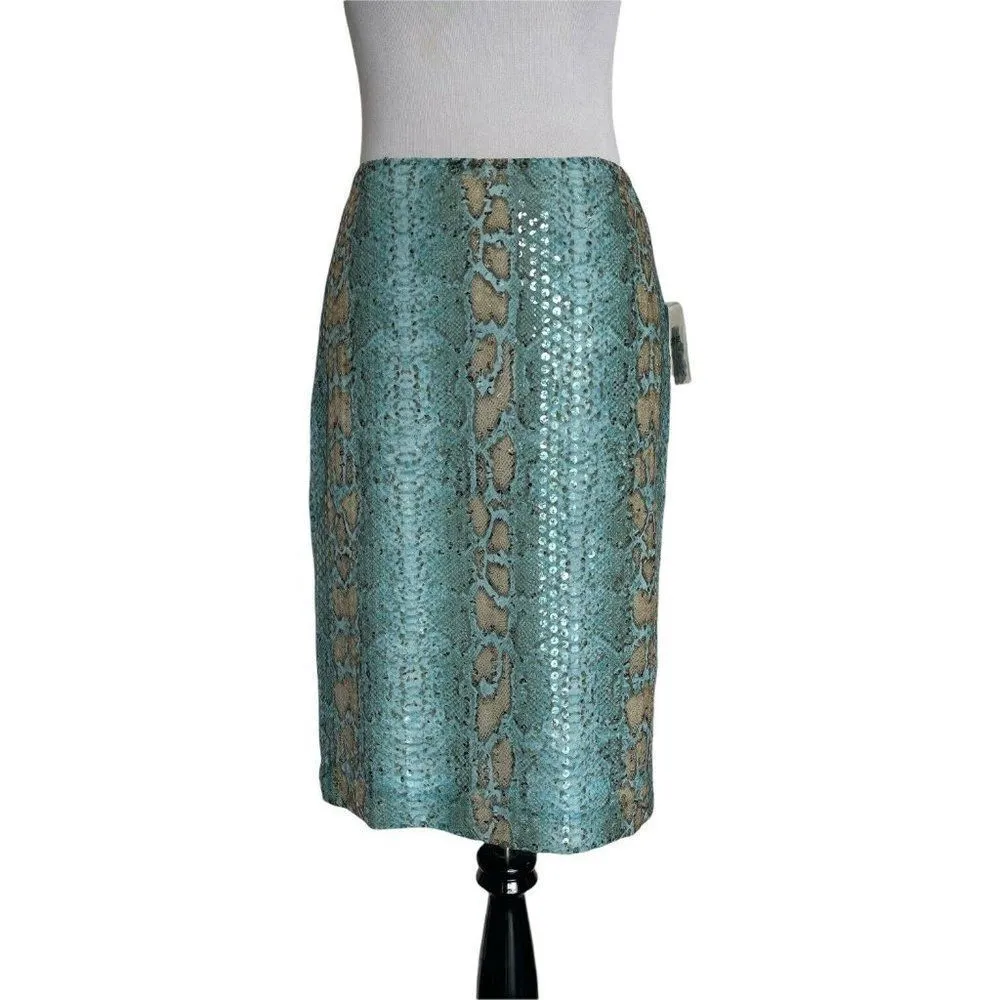 Per Se Sequin Snake Print Straight Skirt Womens Size 4 Green Statement Piece NEW - Image 15
