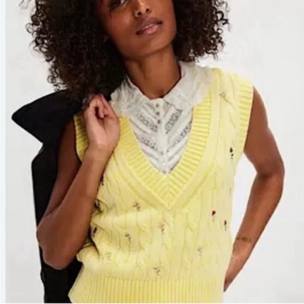Free People Plumeria Floral Sweater Vest Cable Knit Embroidered Yellow - Size s - Image 2