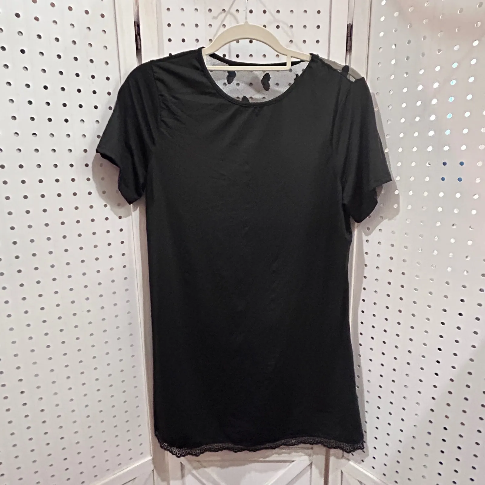 Black Sheer Heart Burnout Mesh Top Short Sleeve Lace Trim Tunic Lingerie Nighty Size M - Image 5