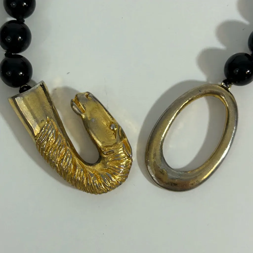 Les Bernard Vintage Black Glass Bead Horse Clasp Necklace Gold - Image 3