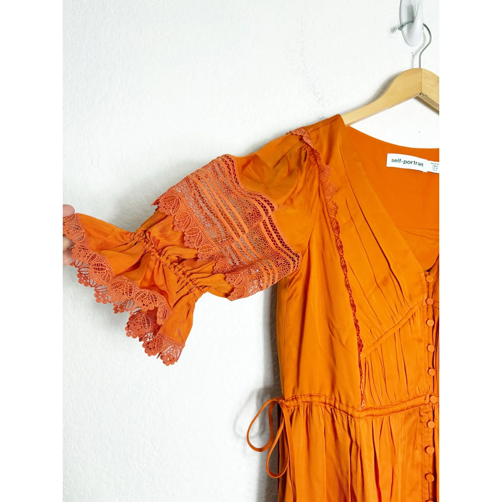 Self Portrait Lace-Trimmed Satin-Twill Midi Dress Size 6 Orange Ruffle - Image 7