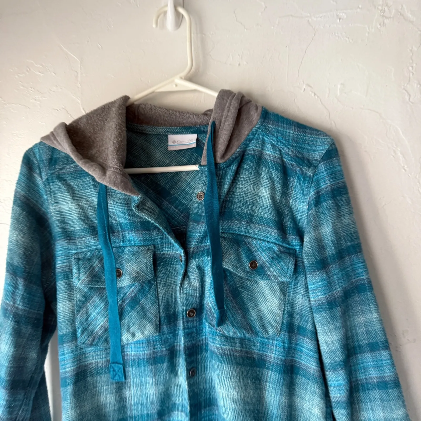 Columbia Womens Flannel Plaid Hooded Shirt Jacket Blue M Shacket Outdoor Grunge - Image 2