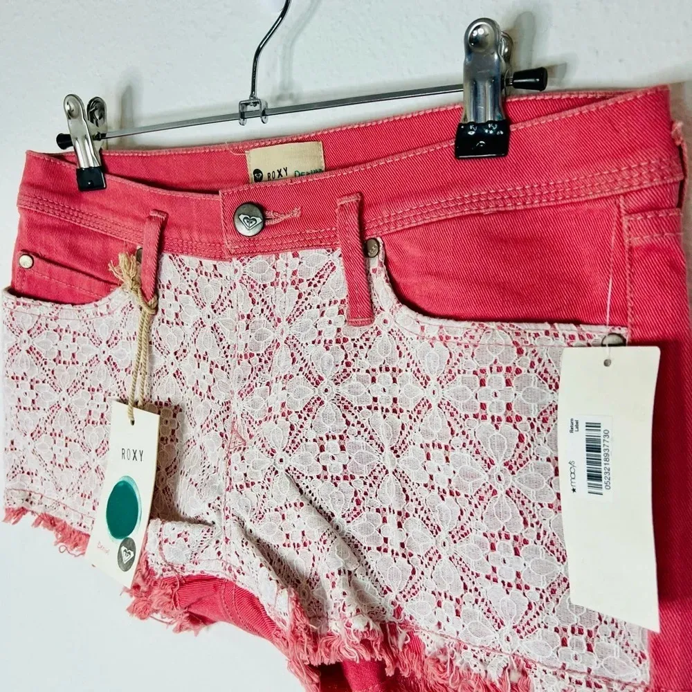🆕 Roxy Denim Shorts Doily Dukes Cut Off Pink Lace Overlay Stretch - Image 4