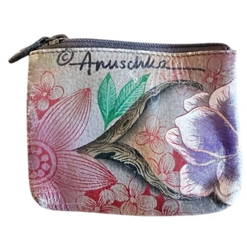 Anuschka Hand-Painted Leather Coin Purse Floral Bird Zip Wallet - Image 2