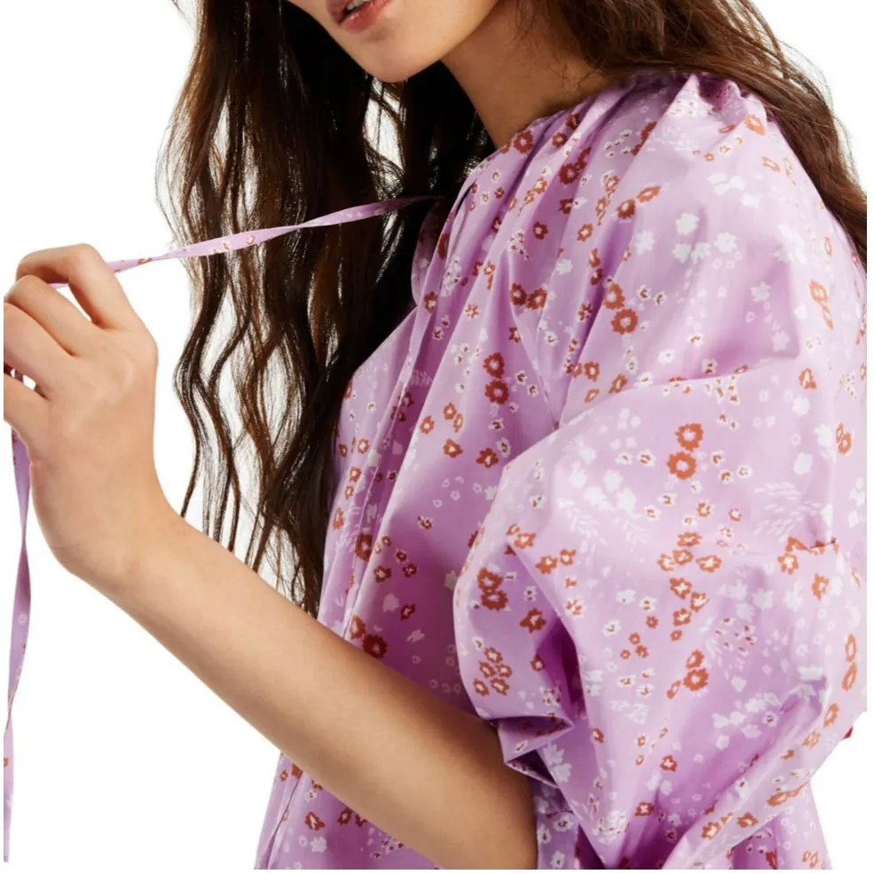 New  Ditsy Floral Cotton Balloon Sleeve Split Tie Neck Top Purple - Image 2