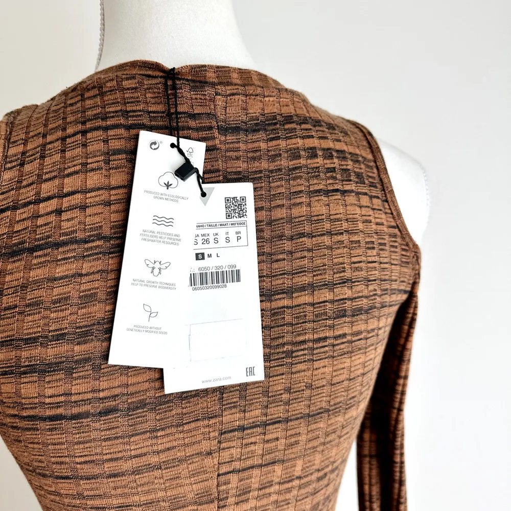 Zara Ribbed Knit Midi Dress Long Cutout Sleeve Brown A Line Cotton Blend S NWT - Image 13