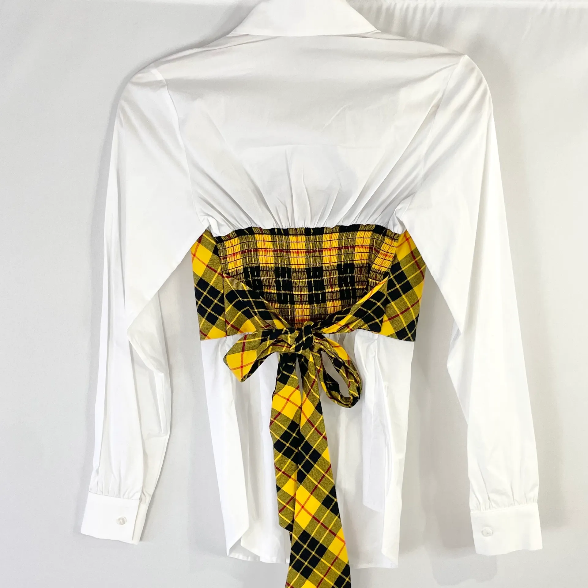 New  Plaid Bodice Overlay Button Down Shirt Monroe Yellow White - Image 10
