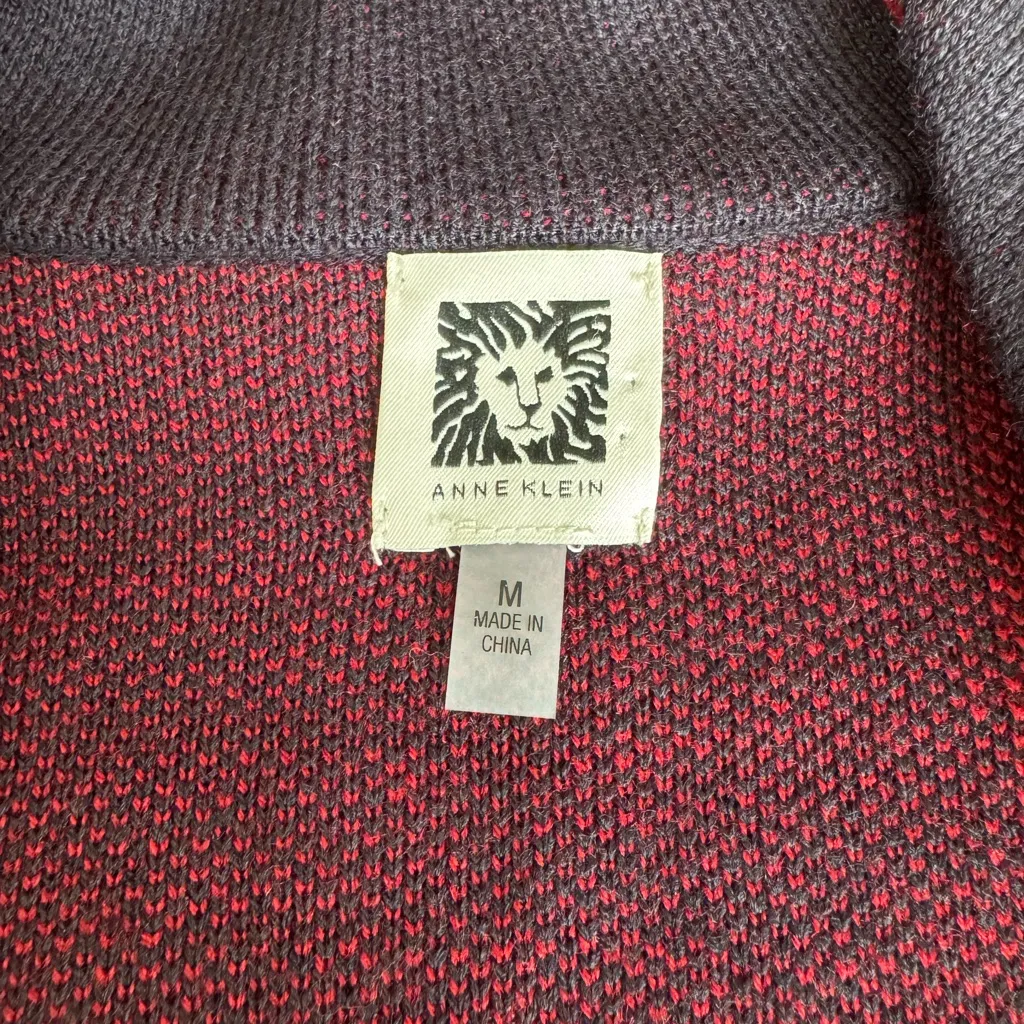 Anne Klein Navy Blue Red Windowpane Plaid Gold Button Knit Blazer Sweater Coat M - Image 6