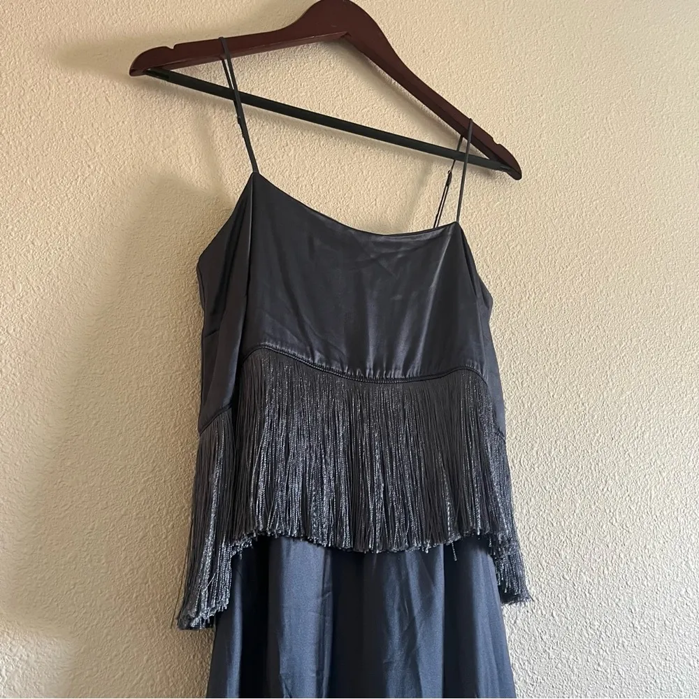 Cinq à Sept Eastwood Fringe Silk-Satin Midi Dress Square Neck Navy Blue Size 2 - Image 9