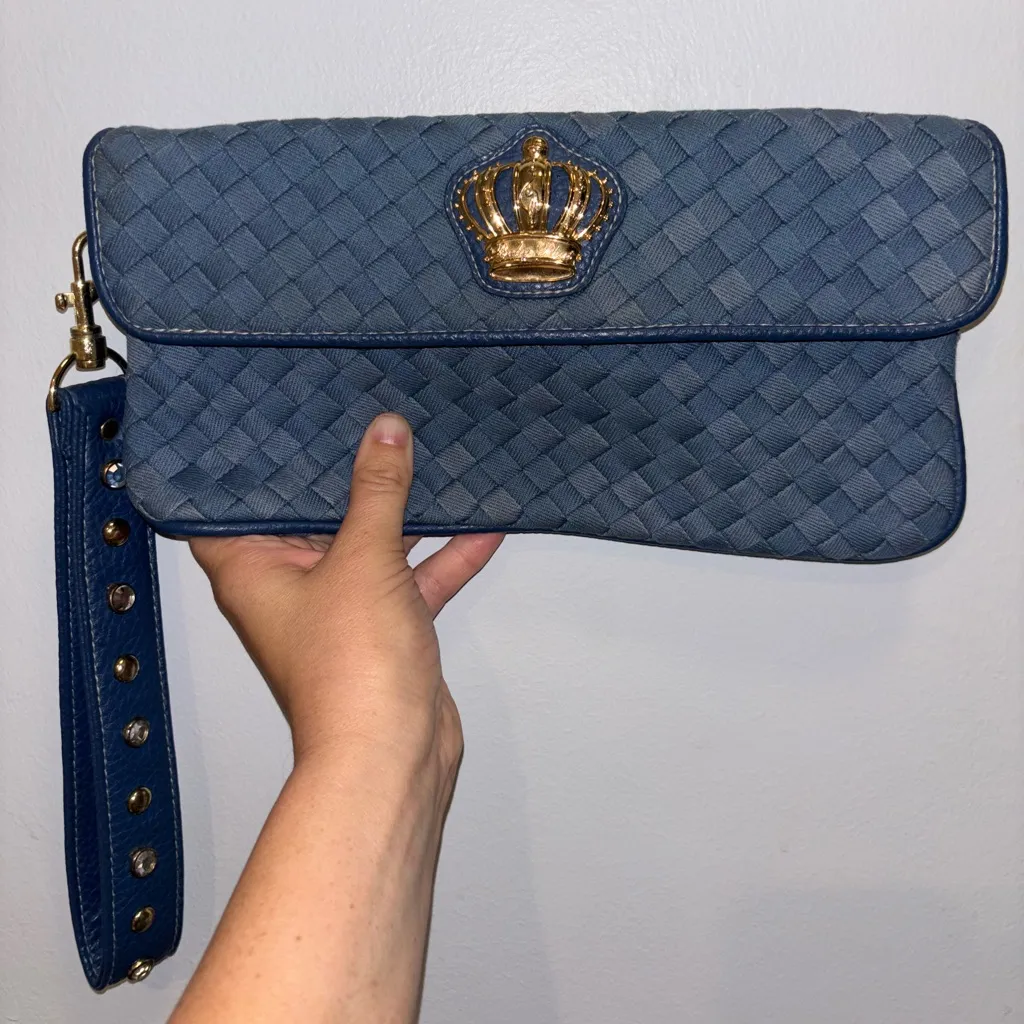 Baby Phat Blue Woven Jean Cotton Clutch with Gold Crown Chunky Embellishments - Image 5