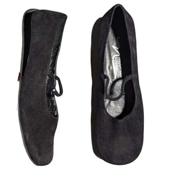 Vtg 1990s Newport News Black Suede Square Toe Elastic Strap Mary Jane Flats 10 W - Image 2