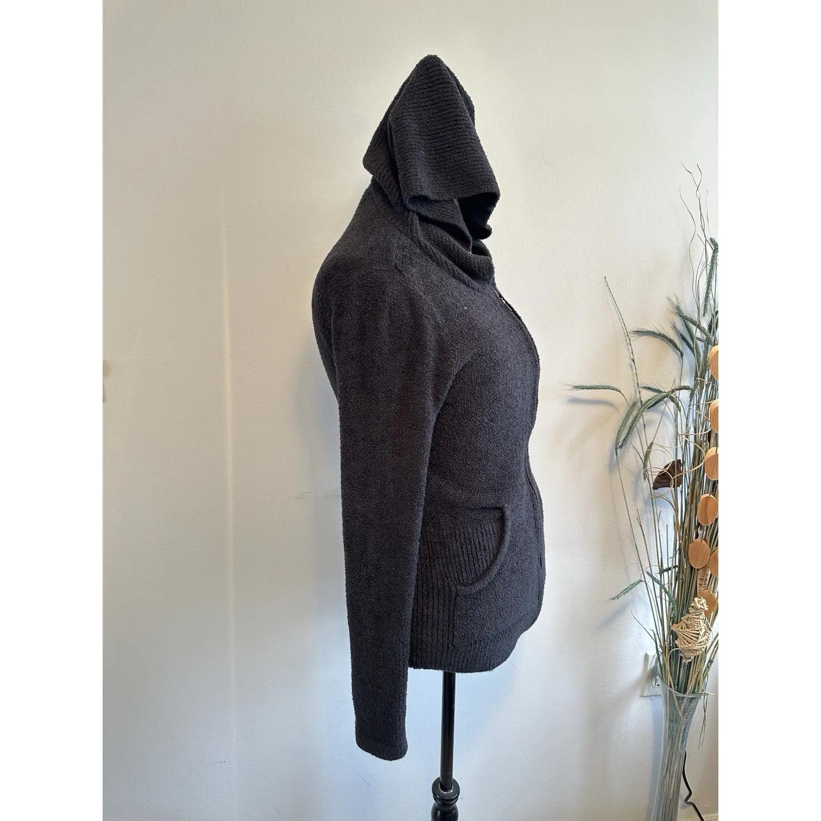 Barefoot Dreams CozyChic Lite Knit Black Zip‎ Up Sweater Hoodie Size Small - Image 2