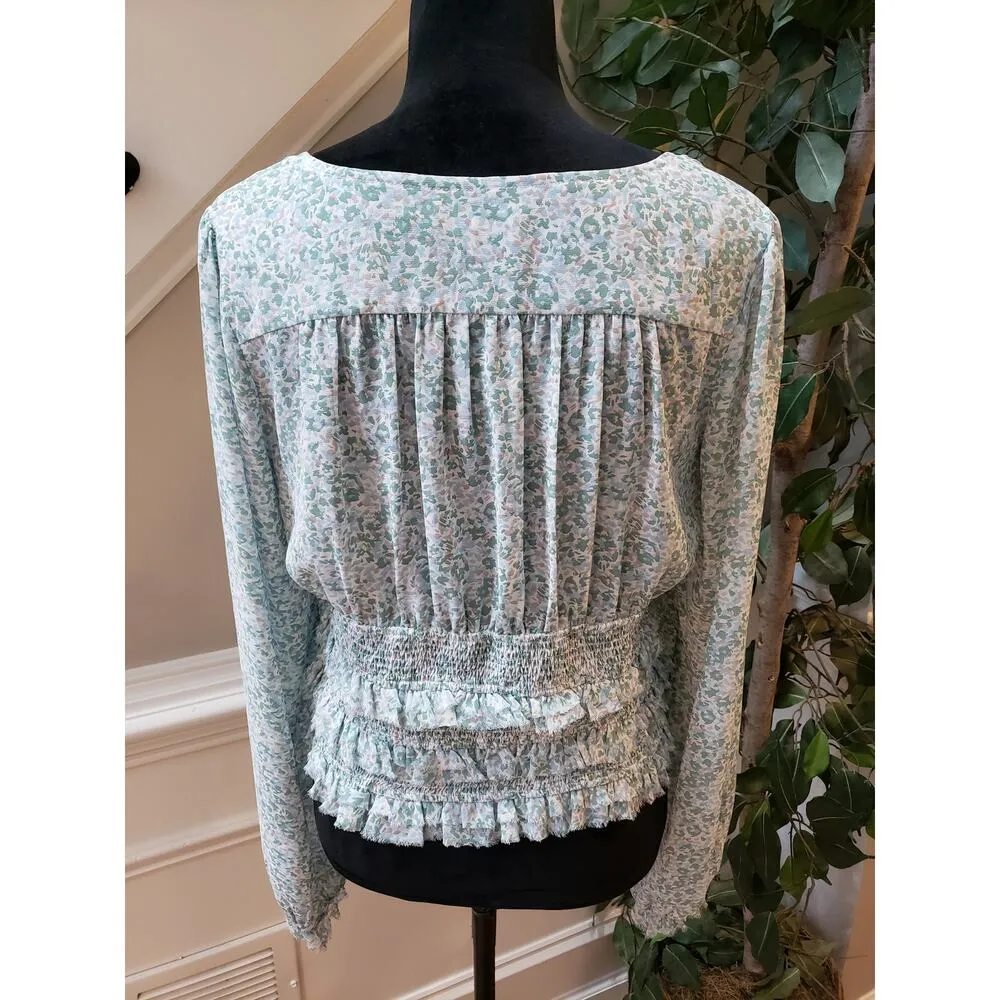 Millibon Blouse Top Womens L Green Floral Ruffled Smocked Tie Front Square Neck Size L - Image 4
