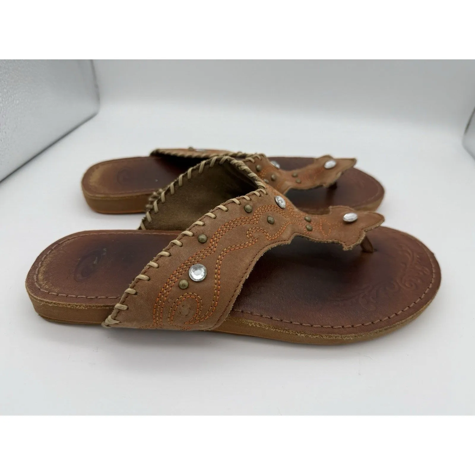 Roper Flip Flops Womens 8/8.5 Rhinestone Western Embroidered Country Cowgirl Brown - Image 5