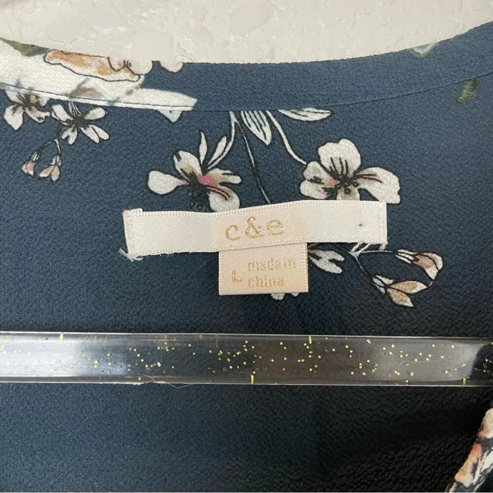 C & E Navy Slate Floral Textured Structured Blouse Size L - Image 3