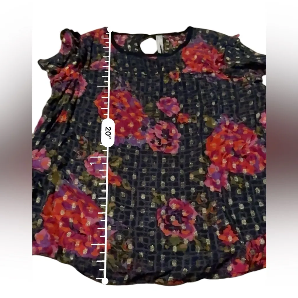 Anthropologie Black Multicolor‎ Floral Polka Dot Metallic Short Sleeve Top Sz 6 - Image 6