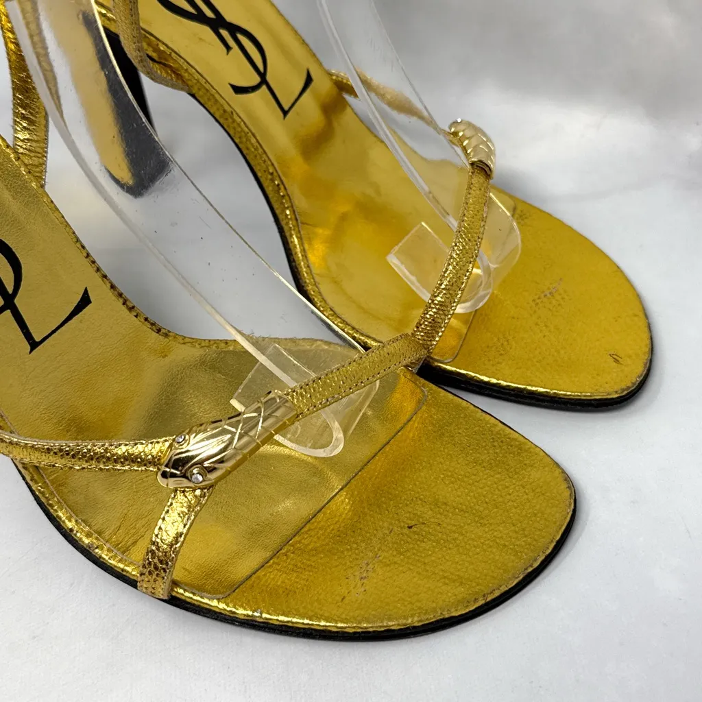 NEW Yves Saint Laurent YSL Vintage 1997 Snake Motif Metallic Sandal Heel Gold 37 - Image 6