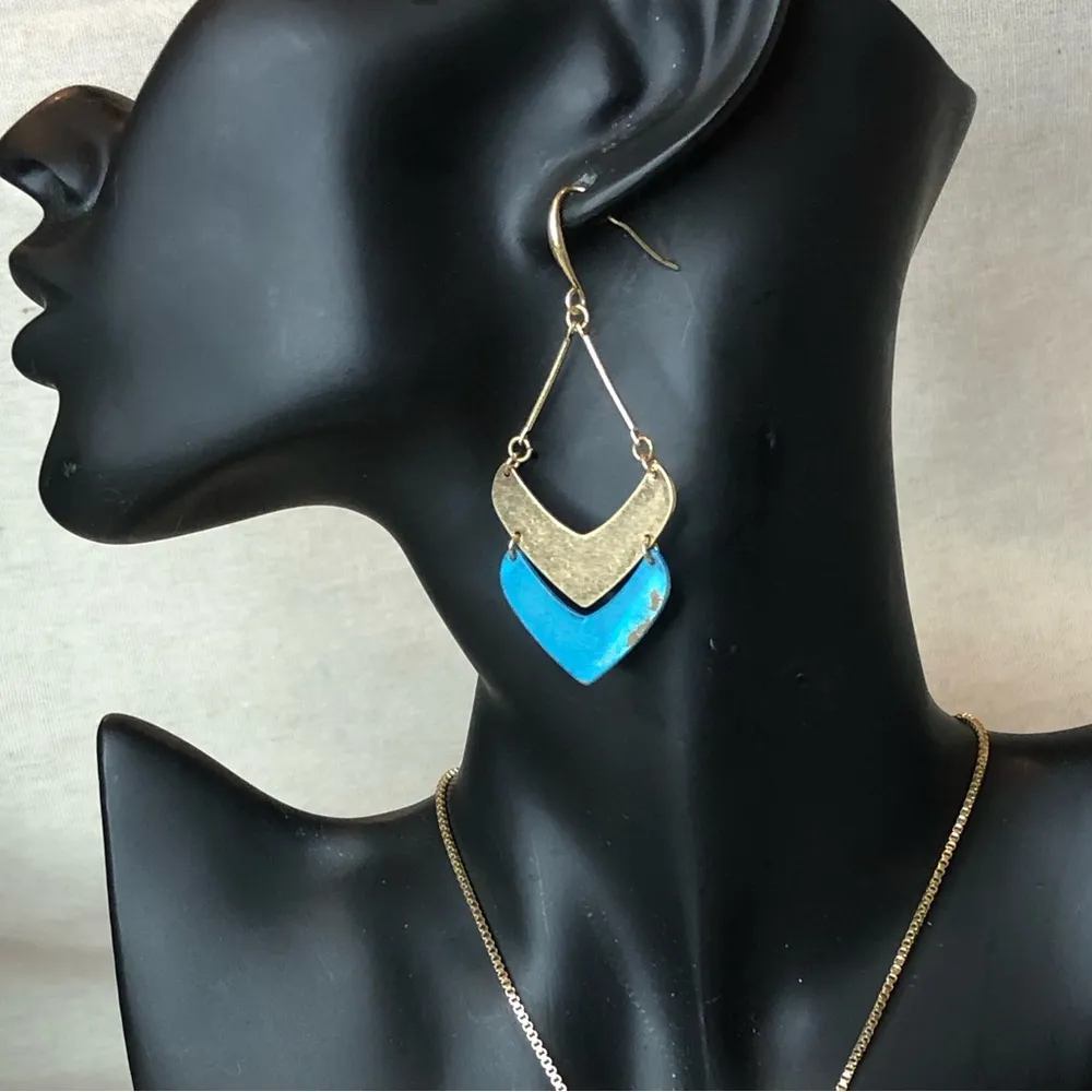 ROBERT LEE MORRIS Brass and Turquoise Layered Necklace and Earring Set NWT Gold - Image 2