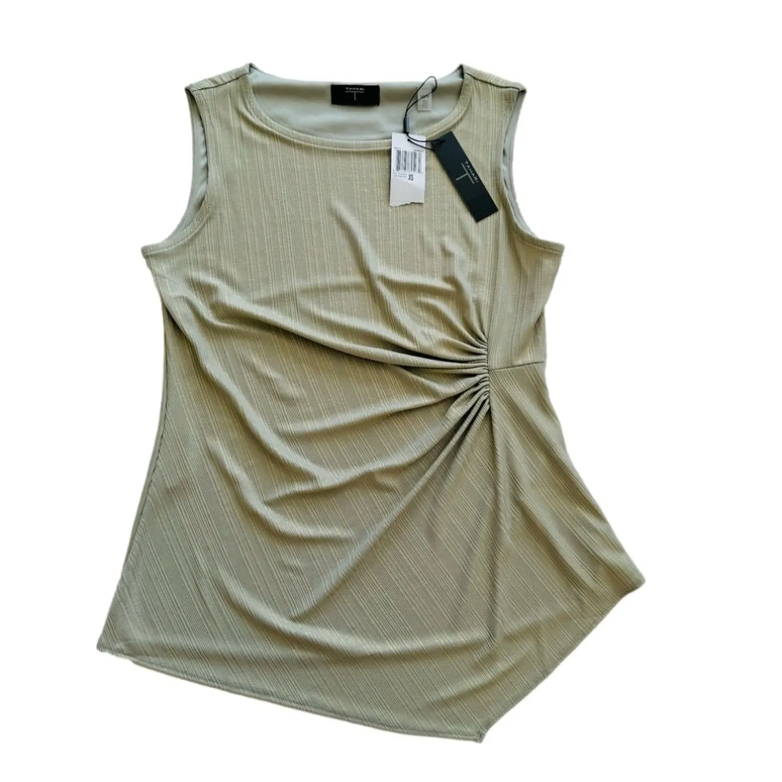Tahari Blouse Top Taupe Green Gold Sleeveless Ruched Side Asymmetric Dressy XS - Image 7