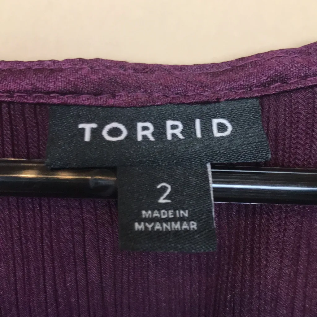 Torrid Women’s Shiny Purple Satin Faux Wrap Flutter Sleeve Defined Waist Blouse - Image 6