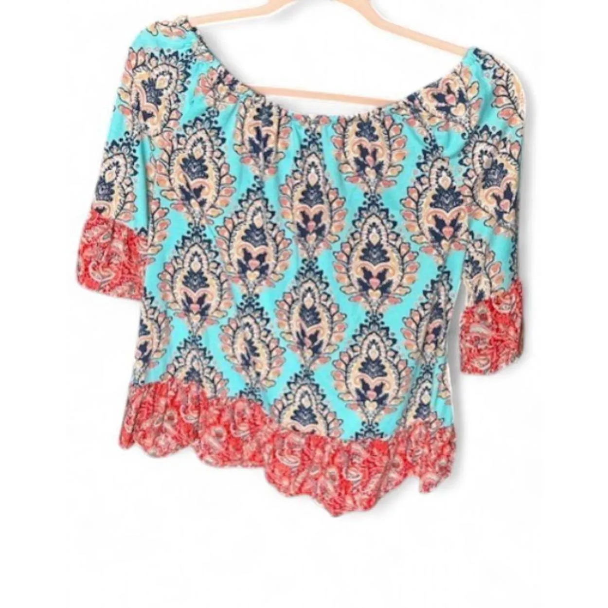 Fig & Flower Mixed Media Paisley‎ Blouse Women’s S Aqua & Red Boho Bell Sleeves - Image 2