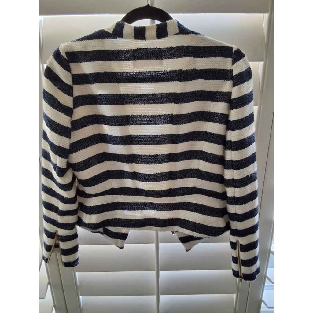 BCBGeneration Women's S Black White Striped Open Front Blazer Jacket Neon Accent - Image 5