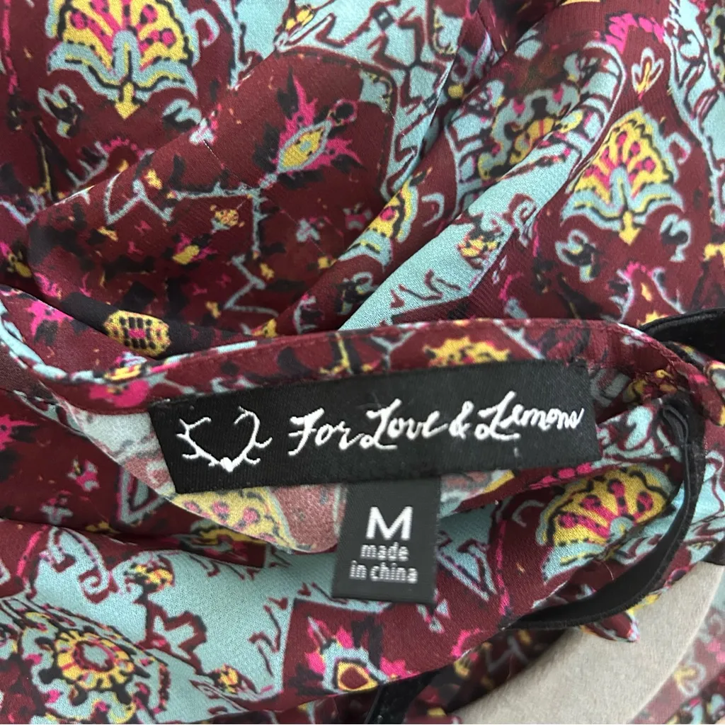 For Love & Lemons Geneva Geometric Print Long Sleeve Velvet Bow Blouse M - Image 8