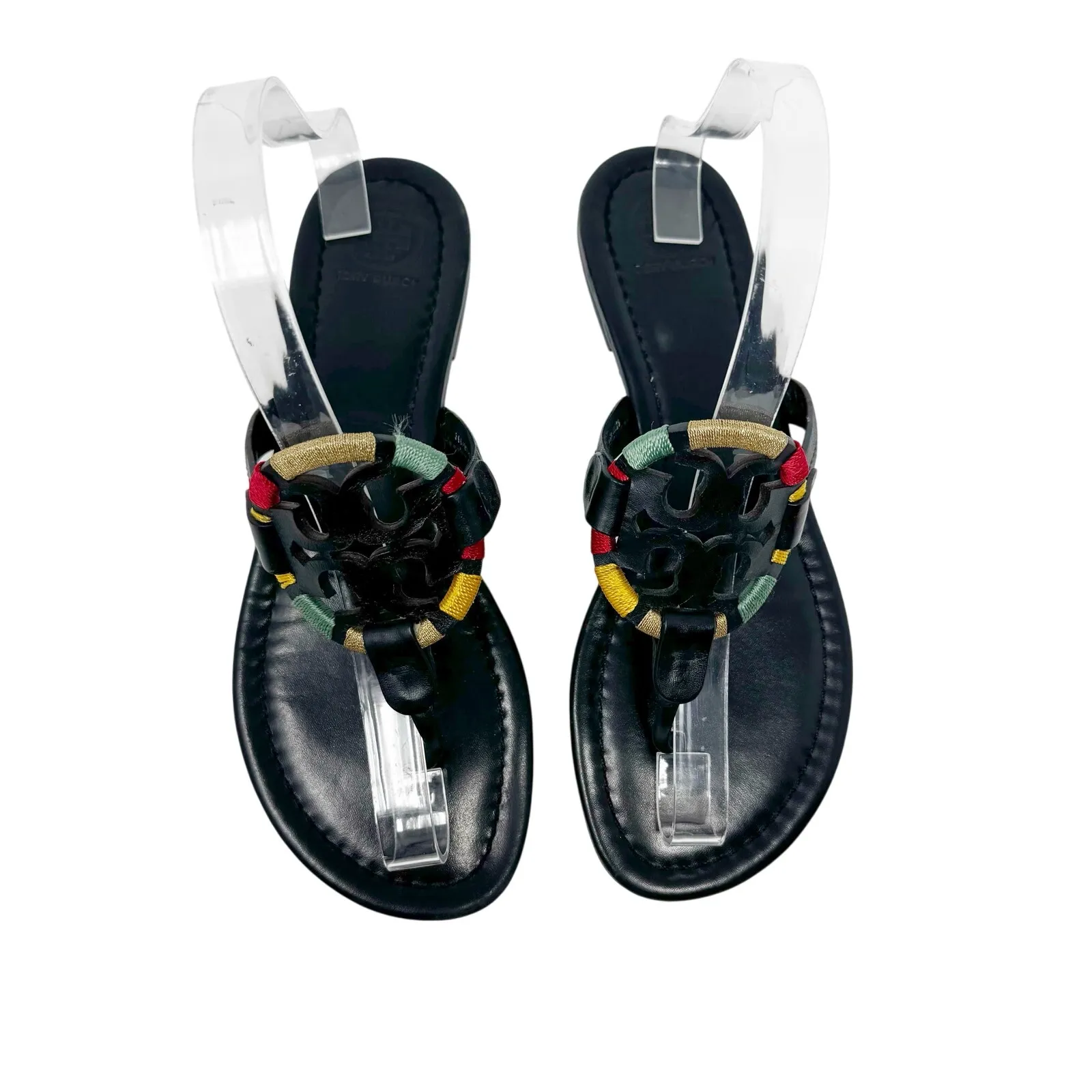 TORY BURCH Embroidered Perfect Black Matte Leather Miller Logo Sandals Size 8.5 - Image 3