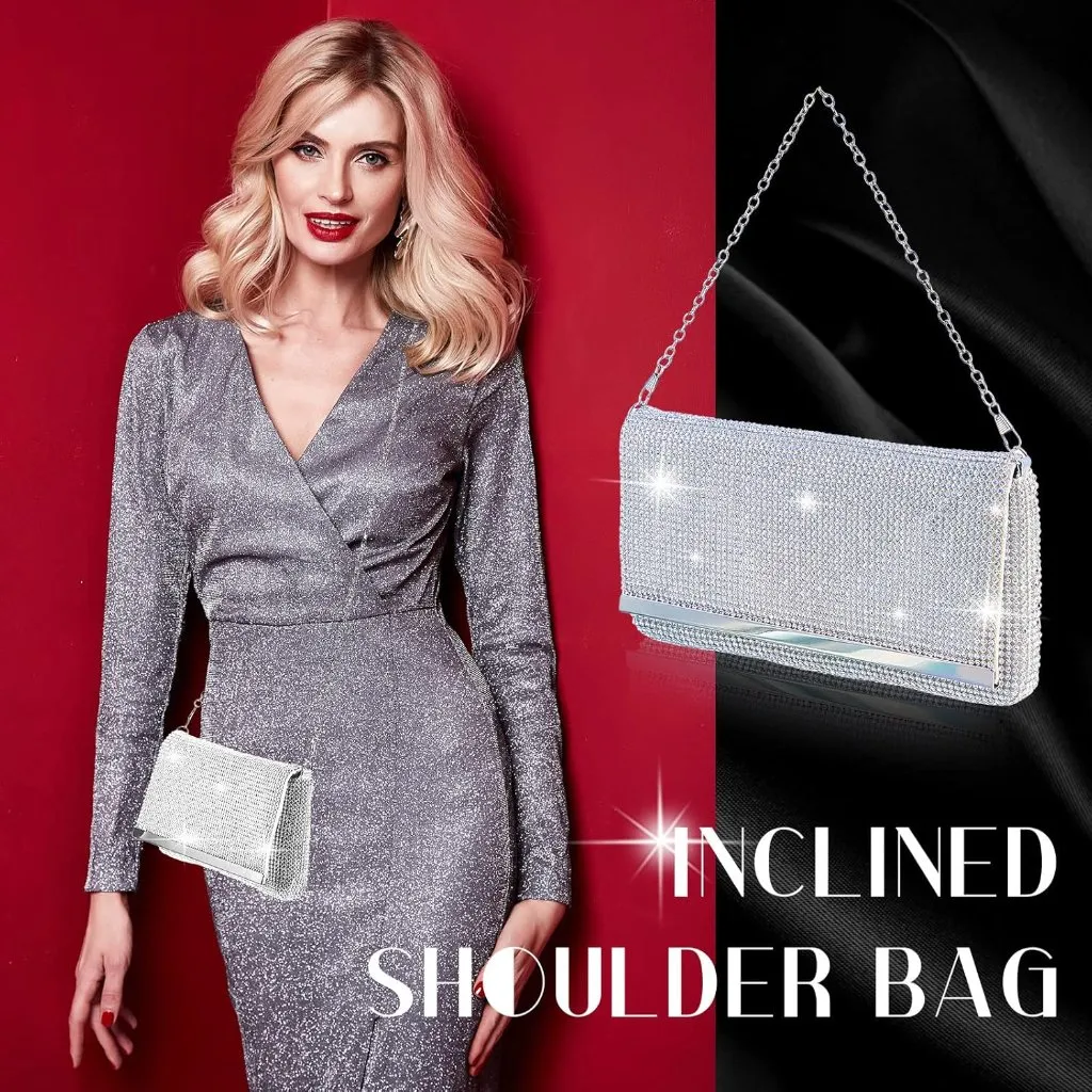⚡ Women's Glitter Pearls Evening Rhinestone Detachable Chain Clutch Bag Silver - Image 6