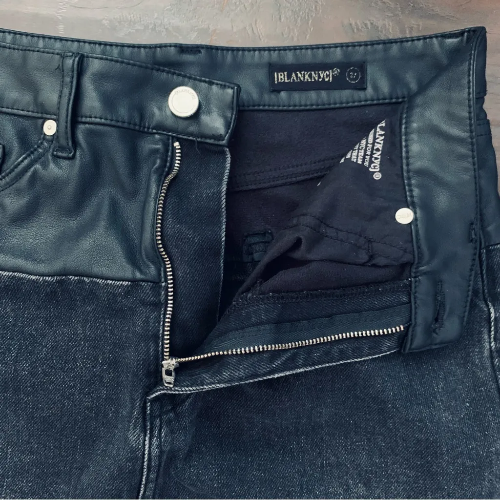 BlankNYC Twist of Fate Black Vegan Leather & Denim High Rise Mini Raw Hem Skirt - Image 5