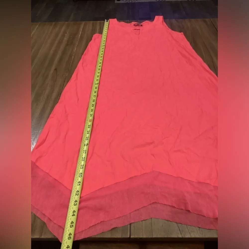 For Cynthia Linen Blend Asymmetrical Mesh Hem Sleeveless Midi Maxi Dress Coral M - Image 3