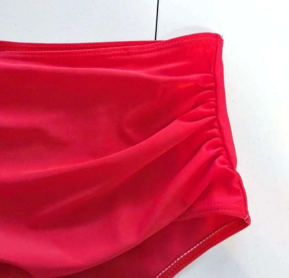 Retro Black White Polka Dot Red Ruched High Waisted Swimsuit Bikini Set M Size M - Image 4