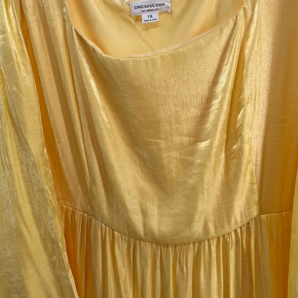 Chicsoul yellow shiny crinkle 1X plus midi dress tiered pockets long sleeve - Image 6
