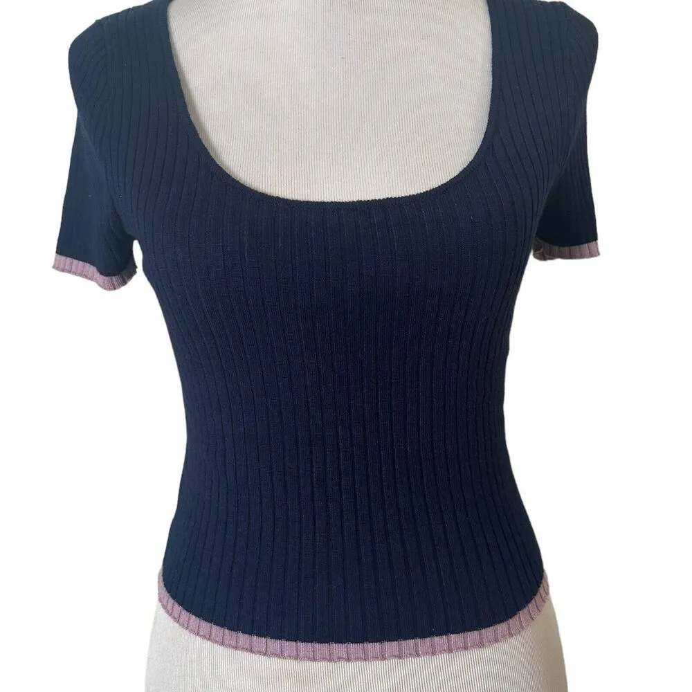 Lulus Ribbed Knit Crop Top Size S‎ Blue Baby Tee Striped Minimalist Soft Girl - Image 6