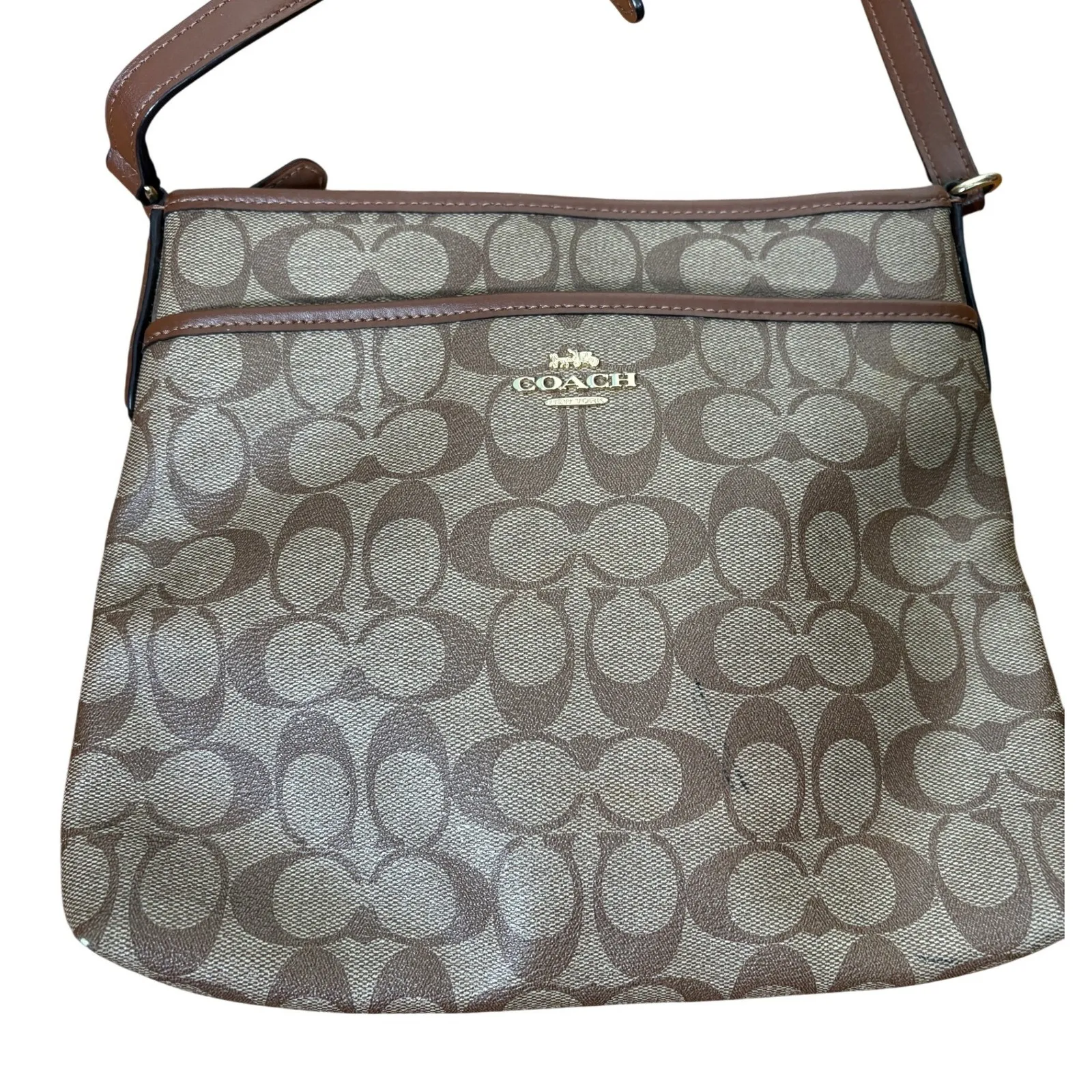 Coach Signature File Canvas Crossbody Bag Brown Tan Khaki Leather Trim - Image 2