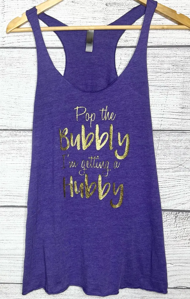 “Pop the Bubbly I’m getting a Hubby!” Purple & Gold Glitter Tank Top Size Large - Image 1
