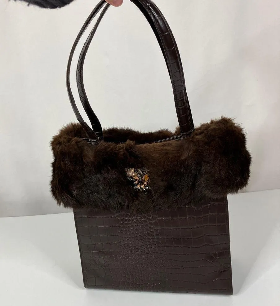 BHS British Home Store | Brown Faux Crocodile Fur Trim Handbag - Image 3