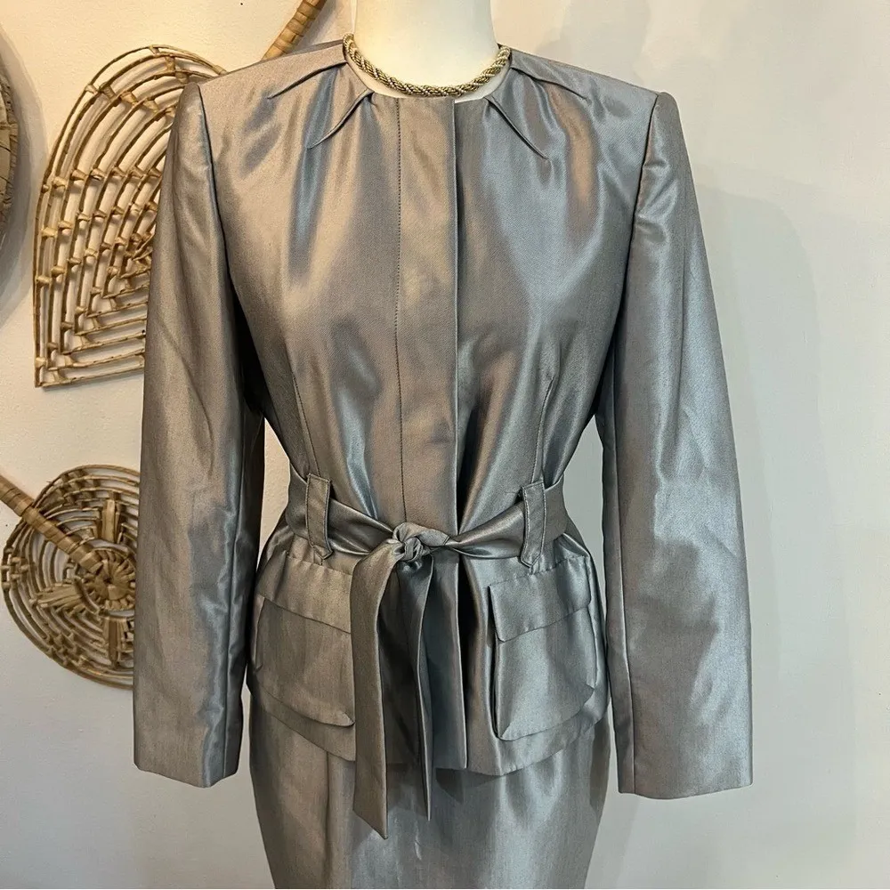 Vintage RARE Calvin Klein Silver Metallic Blazer Skirt Set 2 Piece Career Sz 4 - Image 3
