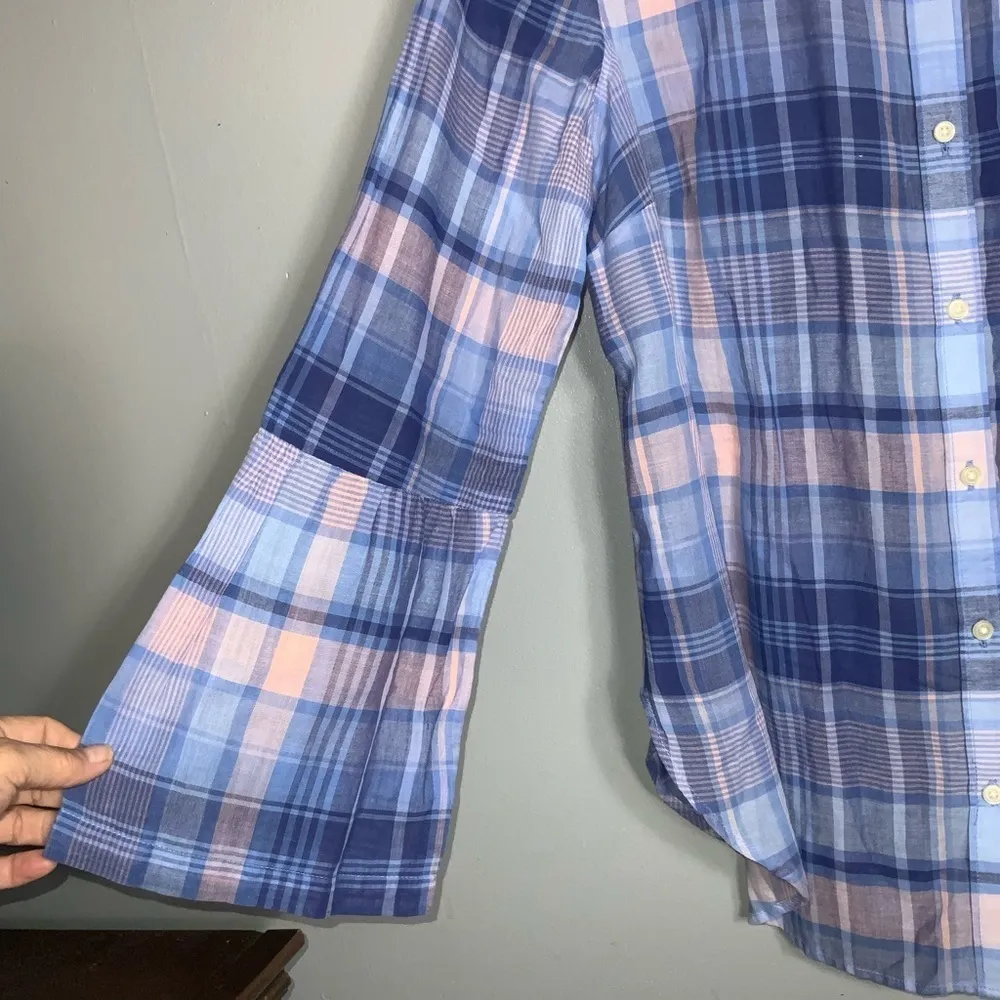 Ann Taylor LOFT Cotton Blue Plaid Bell Sleeve Softened Shirt Top Size Large - Image 7