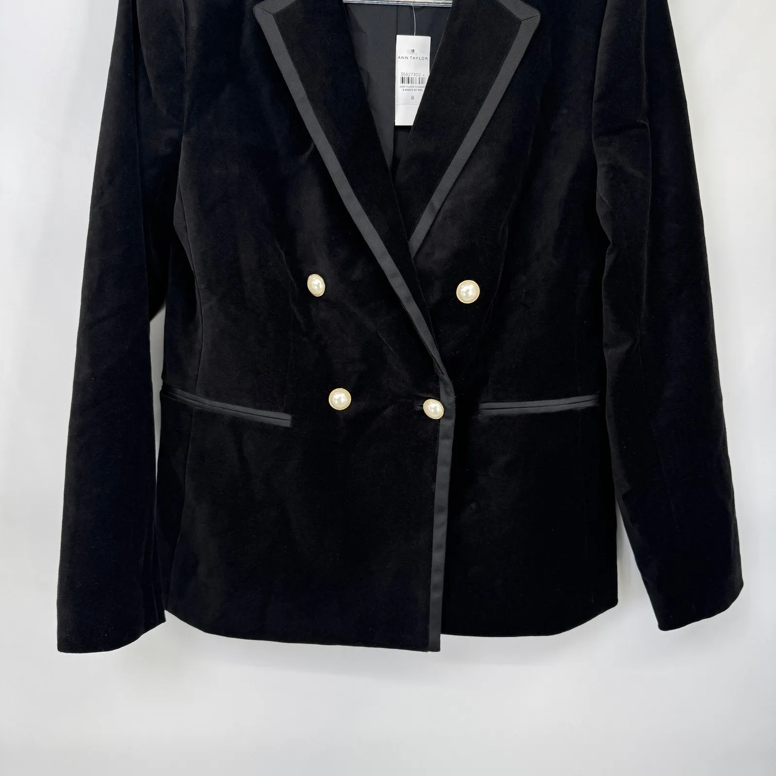 Ann Taylor Black Velvet Double Breasted Blazer Jacket Women 8 Gold Pearl Buttons - Image 4