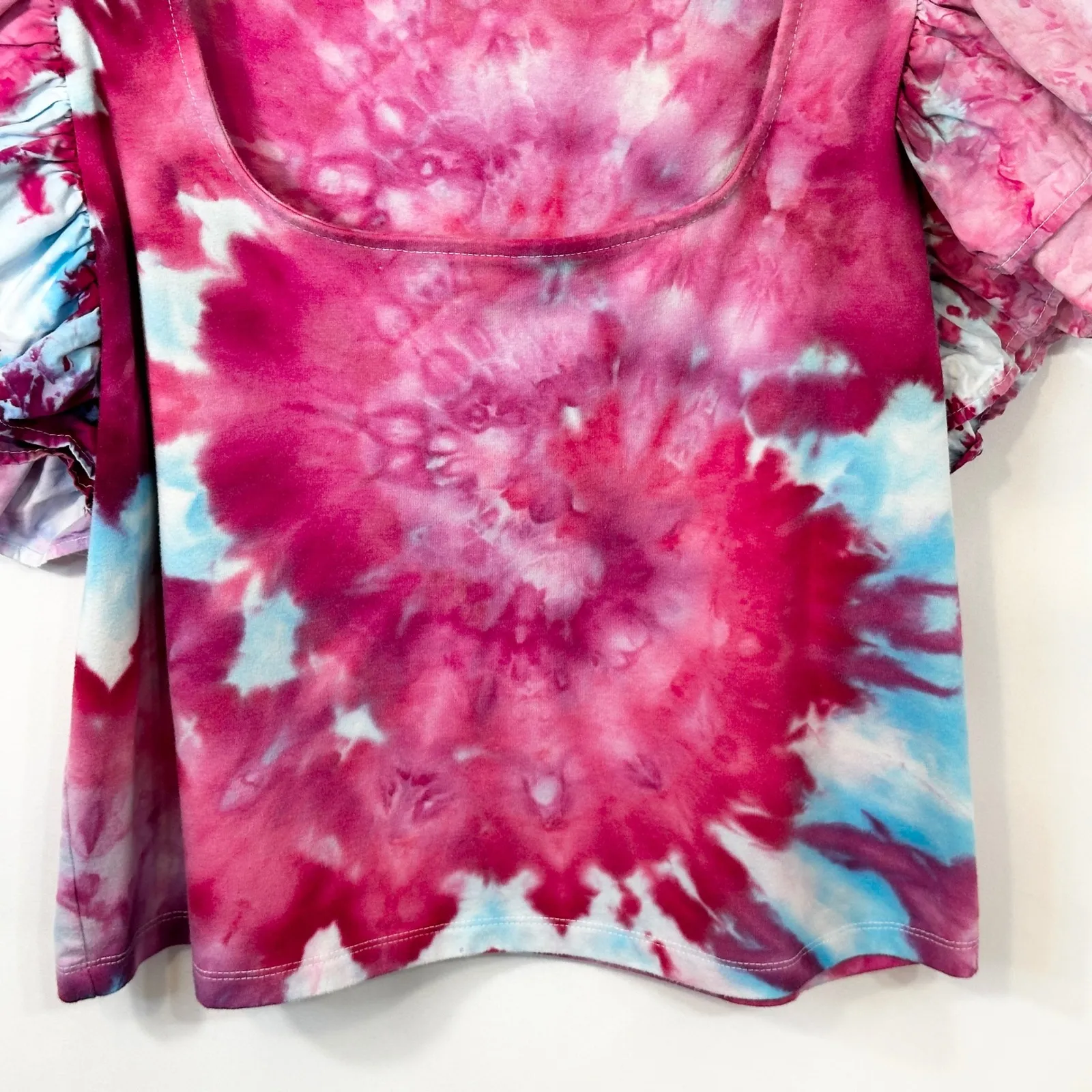 A New Day Large Top Handmade Tie Dye Ruffle Sleeve‎ Crop Pink Blue Artsy 1743 - Image 6